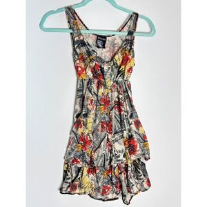 Ecstasy Womens Y2K Floral Graphic Print Tiered Ruffle Mini Dress Sleeveless Red